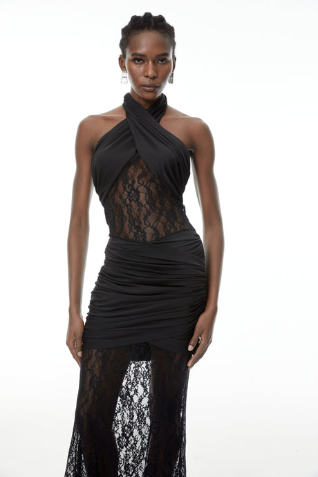 Aurohaya Alice Black Halterneck Lace Maxi Dress