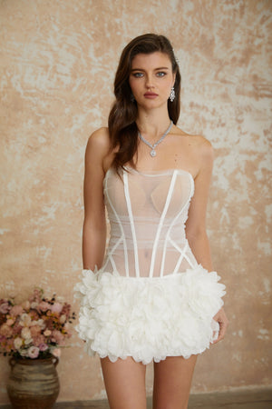 Aurohaya Alicja White Off Shoulder 3D Petal Mini Dress