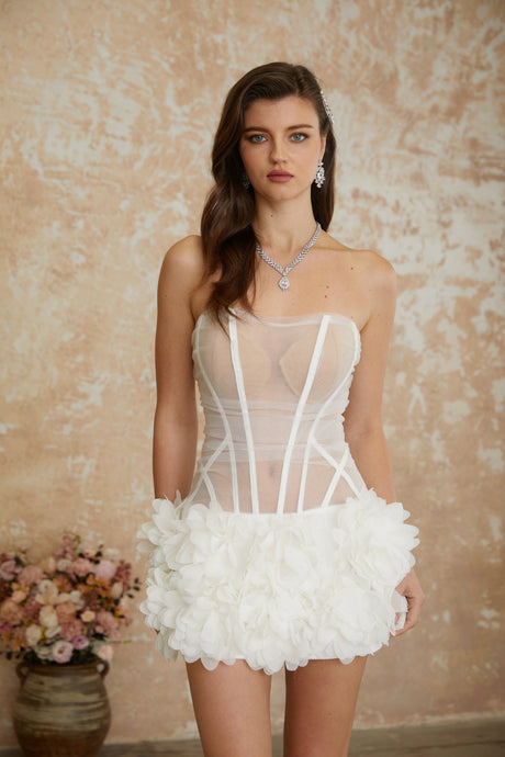 Aurohaya Alicja White Off Shoulder 3D Petal Mini Dress