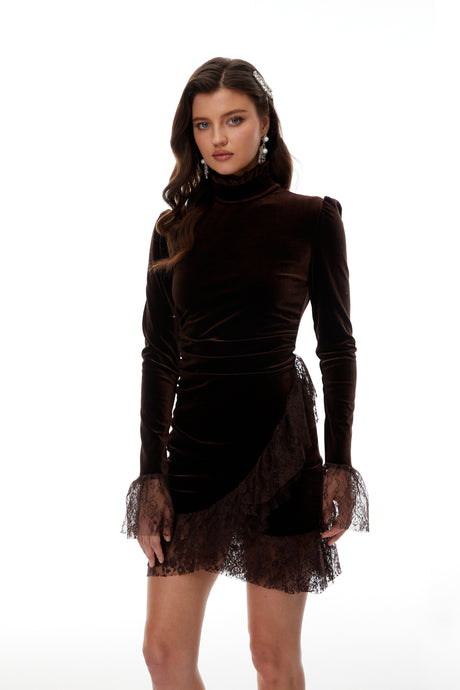 Aurohaya Alma Brown High Neck Asymmetrical Mini Dress