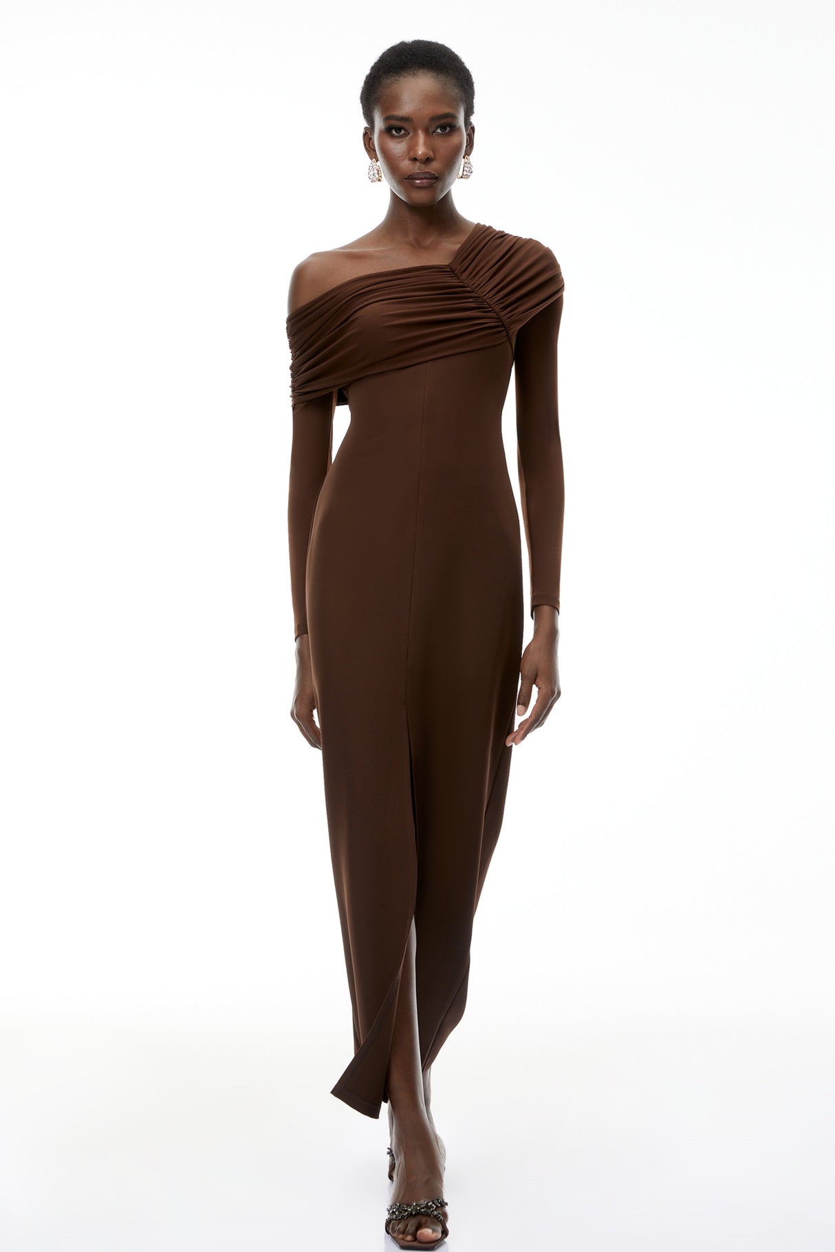 Aurohaya Almudena Chocolate Brown One Shoulder Maxi Dress