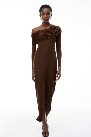 Aurohaya Almudena Chocolate Brown One Shoulder Maxi Dress