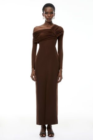 Aurohaya Almudena Chocolate Brown One Shoulder Maxi Dress