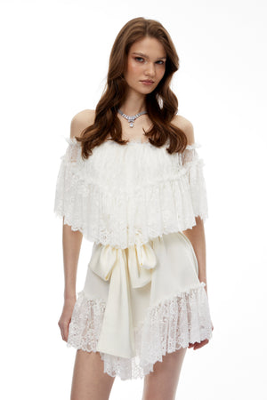 Aurohaya Altheaia White Off Shoulder Lace Mini Dress
