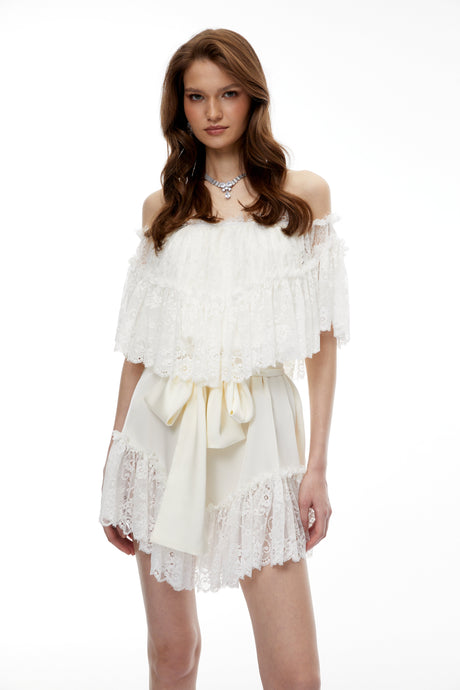 Aurohaya Altheaia White Off Shoulder Lace Mini Dress