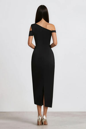 Aurohaya Amarante Black One Shoulder Asymmetrical Midi Dress