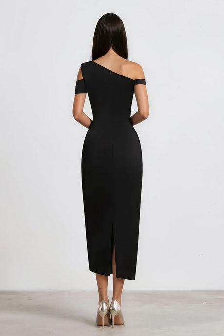 Aurohaya Amarante Black One Shoulder Asymmetrical Midi Dress