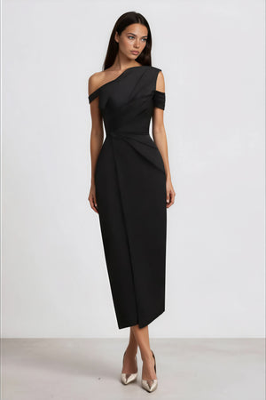 Aurohaya Amarante Black One Shoulder Asymmetrical Midi Dress