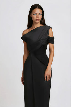 Aurohaya Amarante Black One Shoulder Asymmetrical Midi Dress