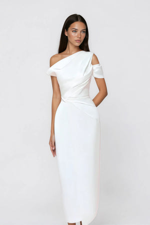 Aurohaya Amarante White One Shoulder Asymmetrical Midi Dress