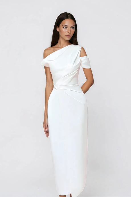 Aurohaya Amarante White One Shoulder Asymmetrical Midi Dress
