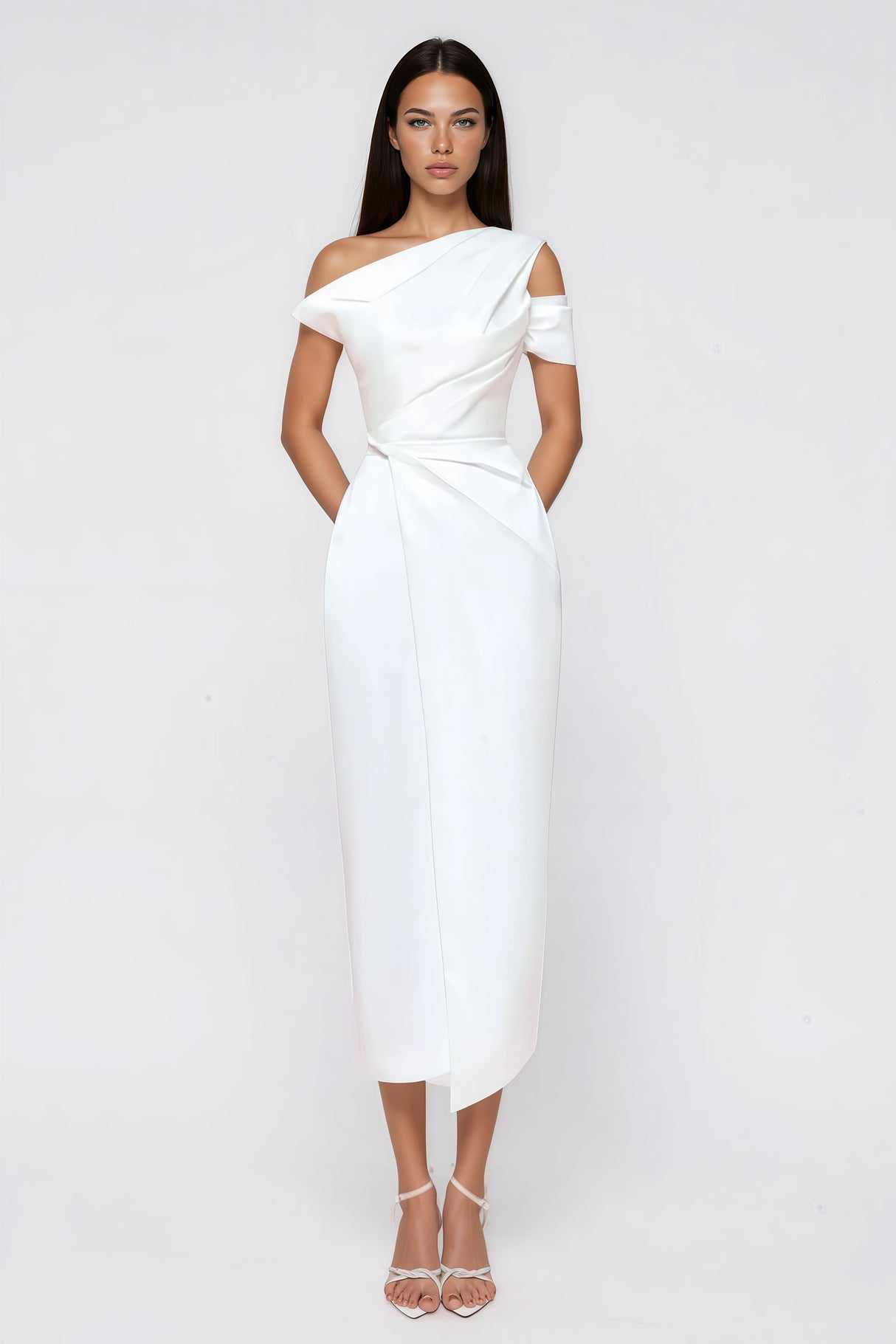 Aurohaya Amarante White One Shoulder Asymmetrical Midi Dress