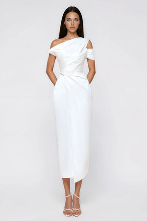 Aurohaya Amarante White One Shoulder Asymmetrical Midi Dress