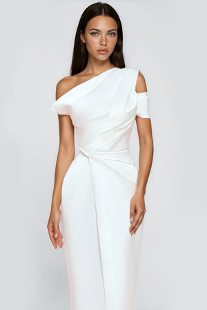 Aurohaya Amarante White One Shoulder Asymmetrical Midi Dress