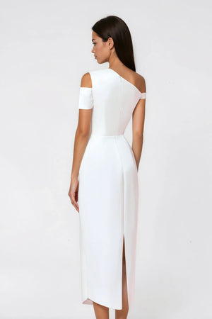 Aurohaya Amarante White One Shoulder Asymmetrical Midi Dress