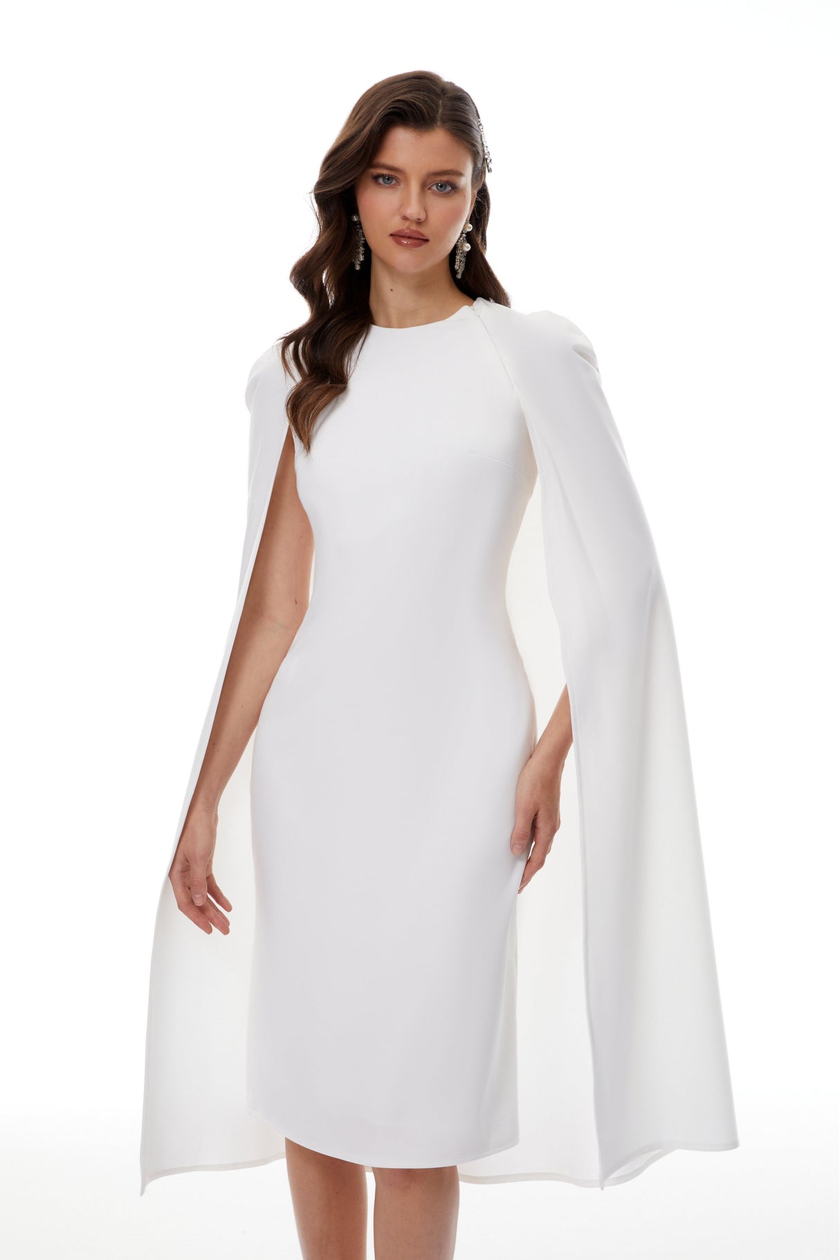 Aurohaya Amelia White Cape Effect Midi Dress