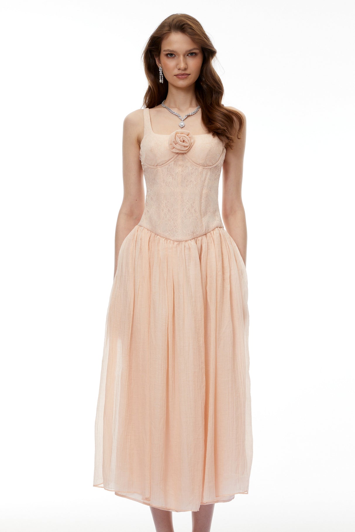 Aurohaya Amina Pink Floral Lace Midi Dress with Panels