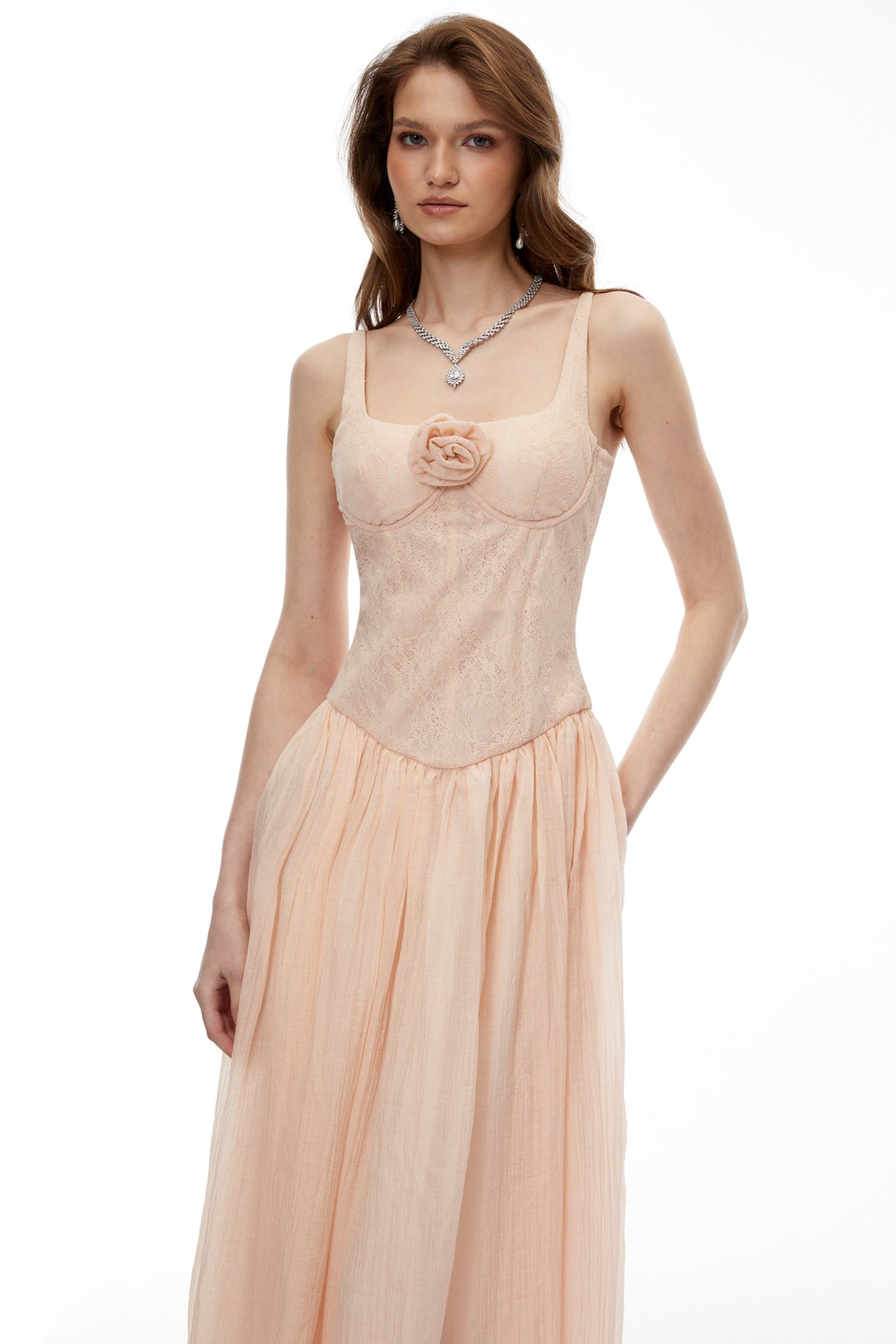 Aurohaya Amina Pink Floral Lace Midi Dress with Panels