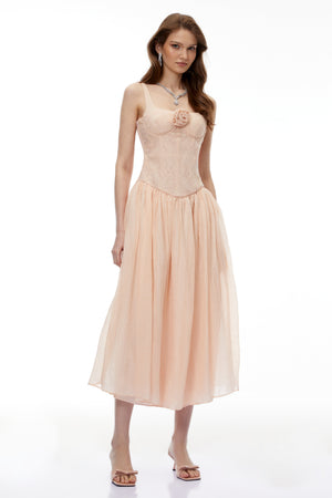 Aurohaya Amina Pink Floral Lace Midi Dress with Panels