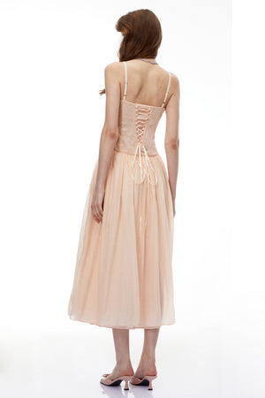 Aurohaya Amina Pink Floral Lace Midi Dress with Panels