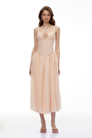 Aurohaya Amina Pink Floral Lace Midi Dress with Panels