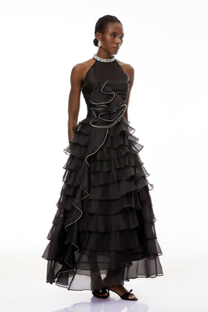 Aurohaya Anathi Black 3D Petal Ruffled Maxi Dress