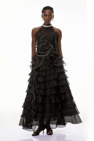 Aurohaya Anathi Black 3D Petal Ruffled Maxi Dress