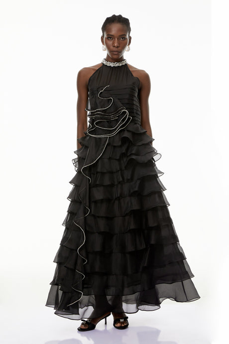 Aurohaya Anathi Black 3D Petal Ruffled Maxi Dress