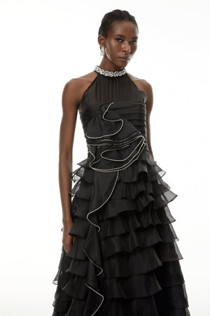 Aurohaya Anathi Black 3D Petal Ruffled Maxi Dress