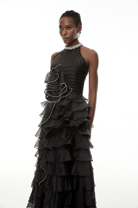 Aurohaya Anathi Black 3D Petal Ruffled Maxi Dress