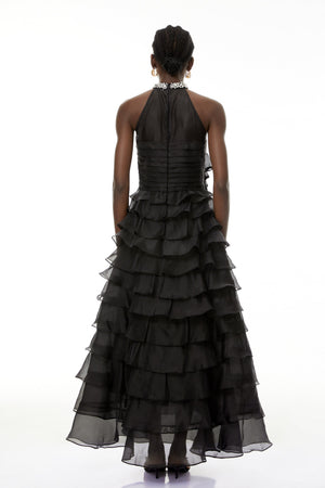 Aurohaya Anathi Black 3D Petal Ruffled Maxi Dress