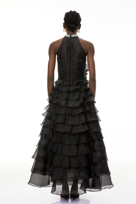 Aurohaya Anathi Black 3D Petal Ruffled Maxi Dress
