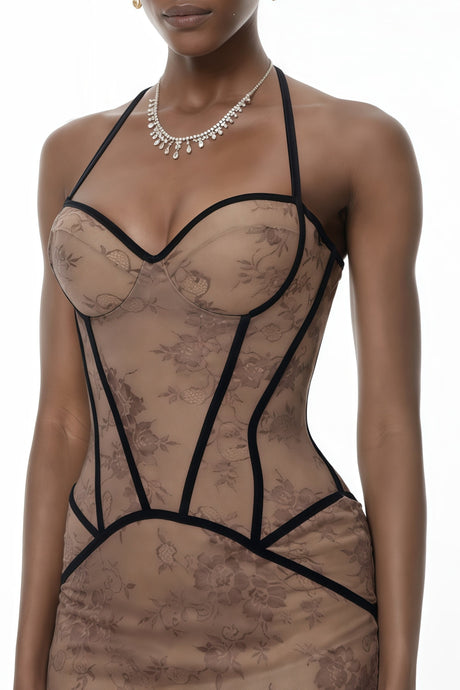 Aurohaya Anathi Brown Floral Lace Corset Maxi Gown