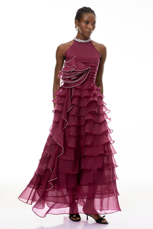 Aurohaya Anathi Red 3D Petal Ruffled Maxi Dress