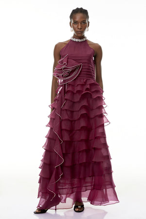 Aurohaya Anathi Red 3D Petal Ruffled Maxi Dress
