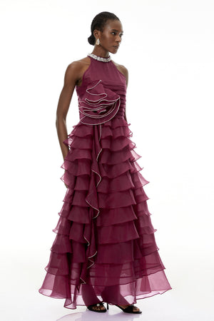 Aurohaya Anathi Red 3D Petal Ruffled Maxi Dress