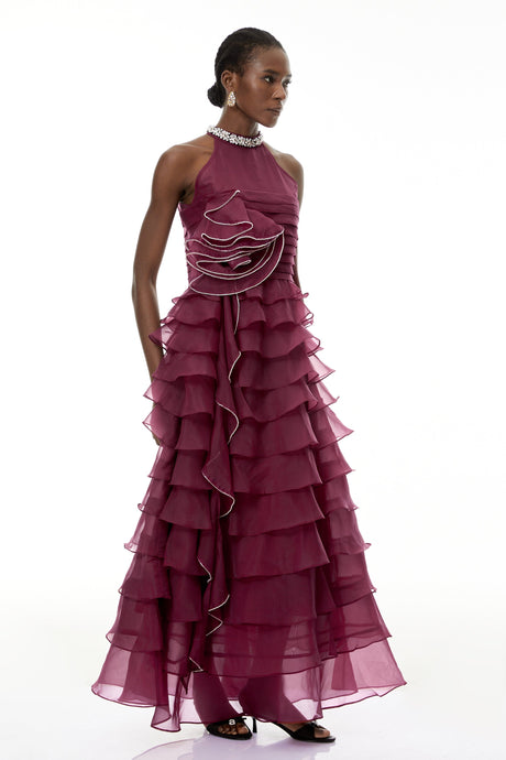 Aurohaya Anathi Red 3D Petal Ruffled Maxi Dress