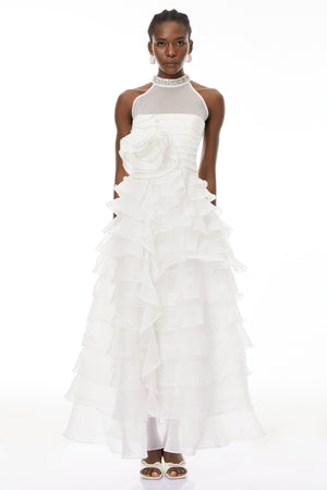 Aurohaya Anathi White 3D Petal Ruffled Maxi Dress