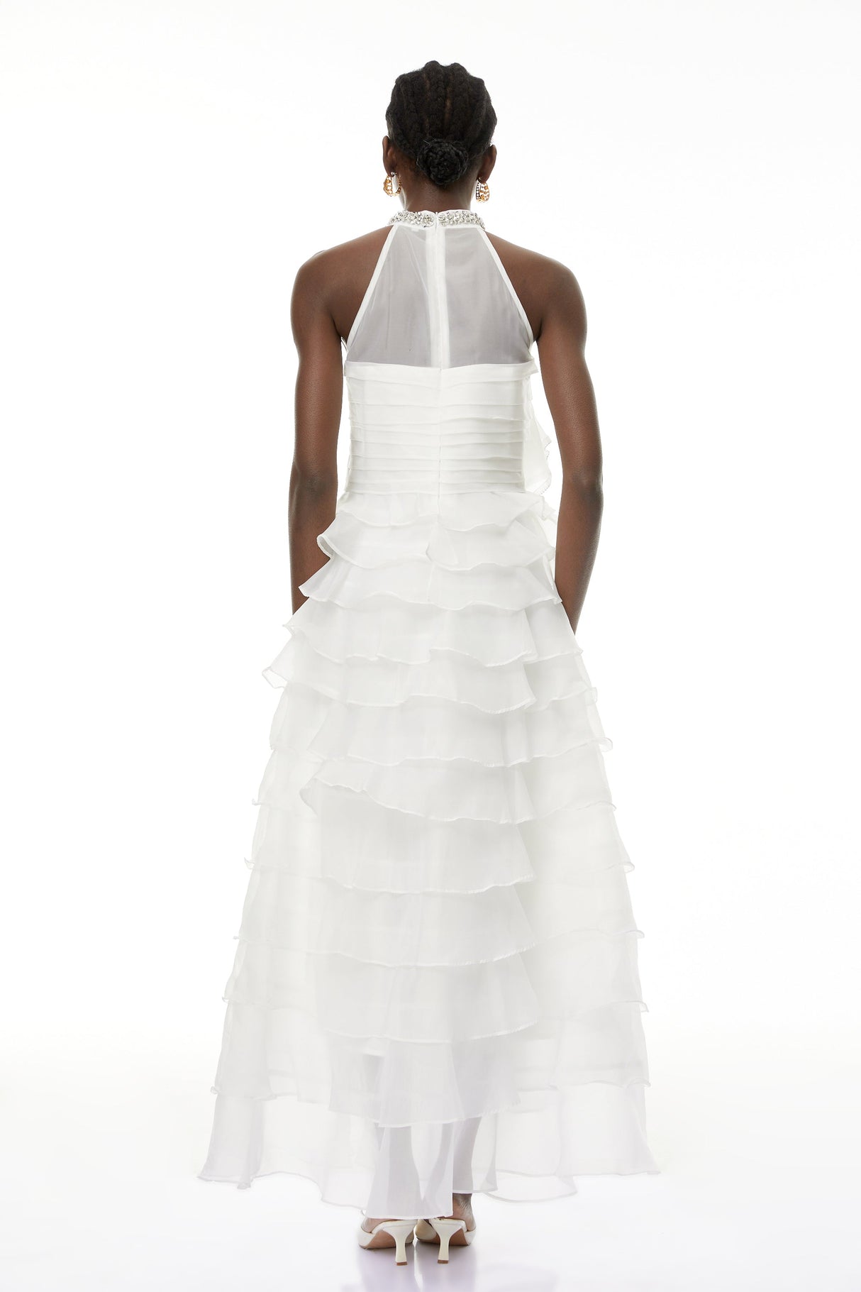 Aurohaya Anathi White 3D Petal Ruffled Maxi Dress