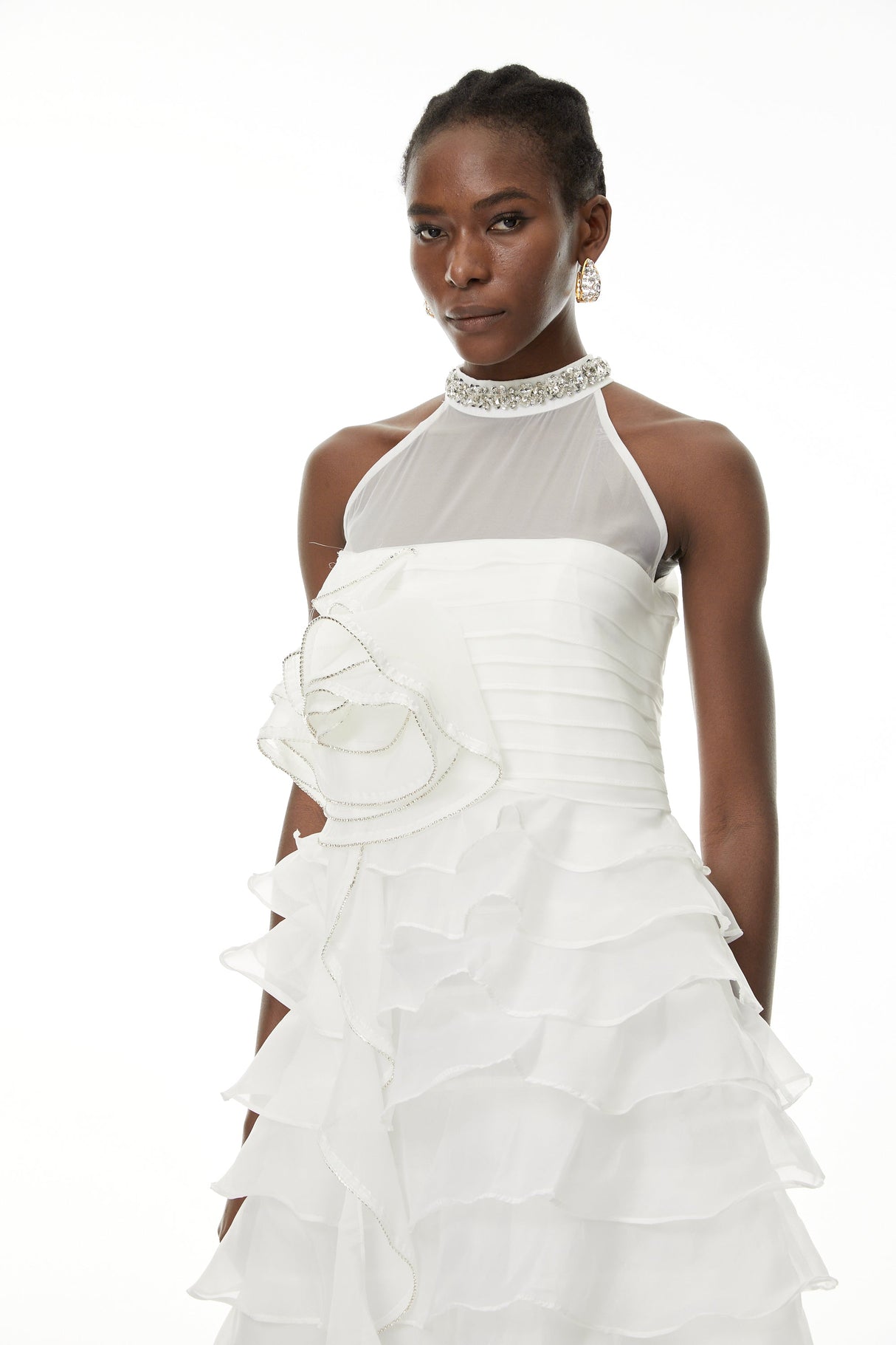 Aurohaya Anathi White 3D Petal Ruffled Maxi Dress