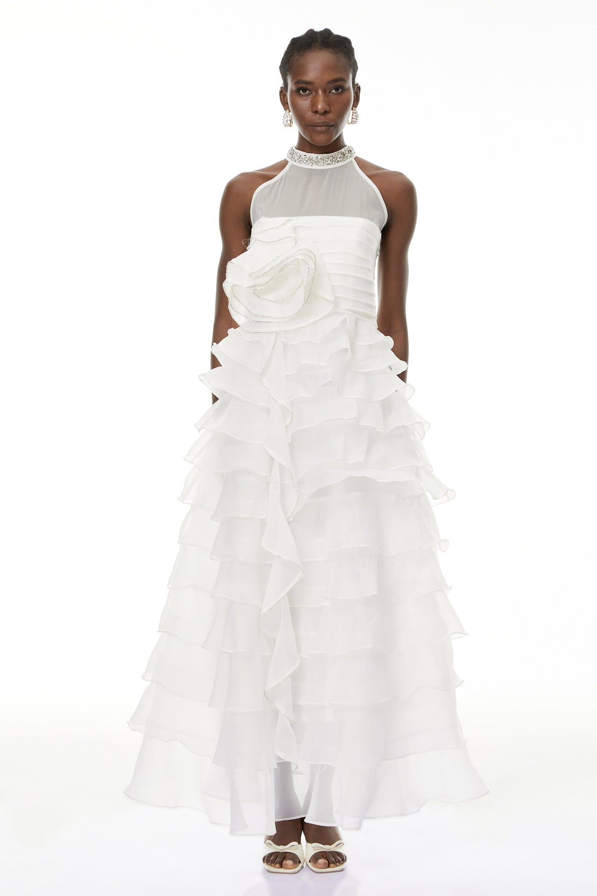 Aurohaya Anathi White 3D Petal Ruffled Maxi Dress