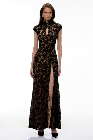 Aurohaya Andrea Black Keyhole Lace Maxi Dress with High Thigh Slit