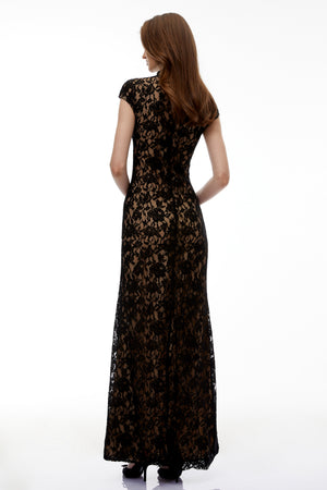 Aurohaya Andrea Black Keyhole Lace Maxi Dress with High Thigh Slit