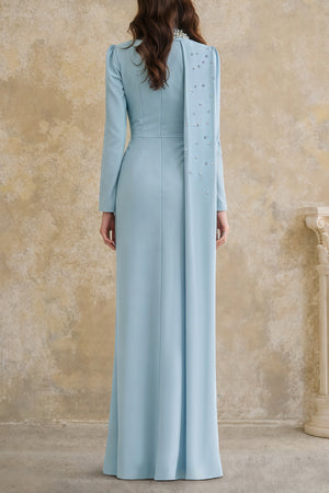 Aurohaya Andreea Blue Cape Maxi Dress with Embellishment
