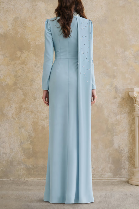 Aurohaya Andreea Blue Cape Maxi Dress with Embellishment