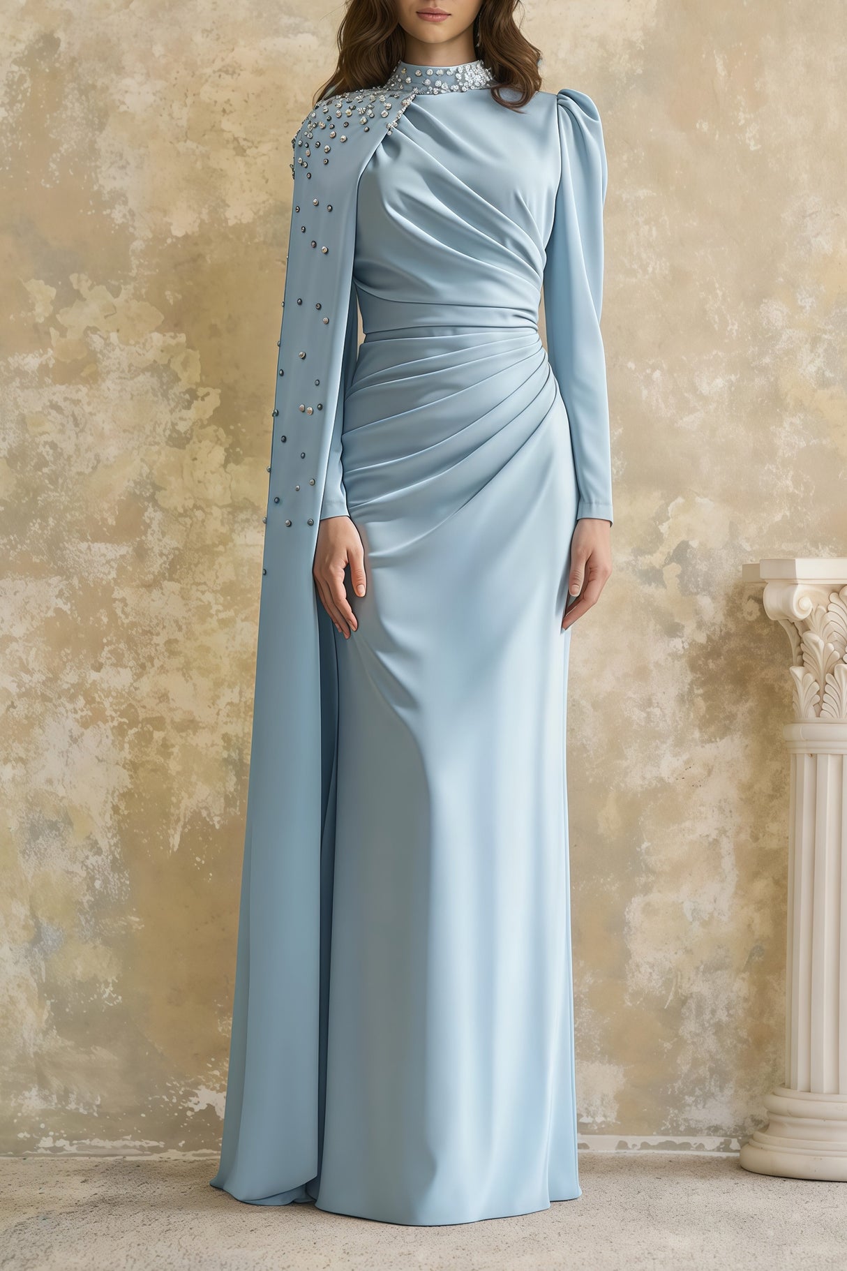 Aurohaya Andreea Blue Cape Maxi Dress with Embellishment