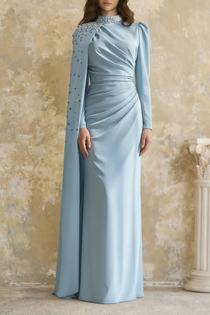 Aurohaya Andreea Blue Cape Maxi Dress with Embellishment