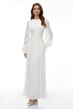 Aurohaya Aneka White High Neck Glossy Ruched Maxi Dress