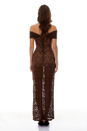 Aurohaya Angelina Brown Off Shoulder Floral Lace Maxi Dress