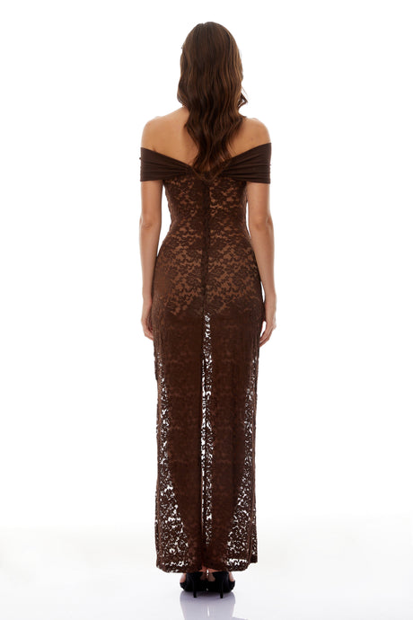 Aurohaya Angelina Brown Off Shoulder Floral Lace Maxi Dress